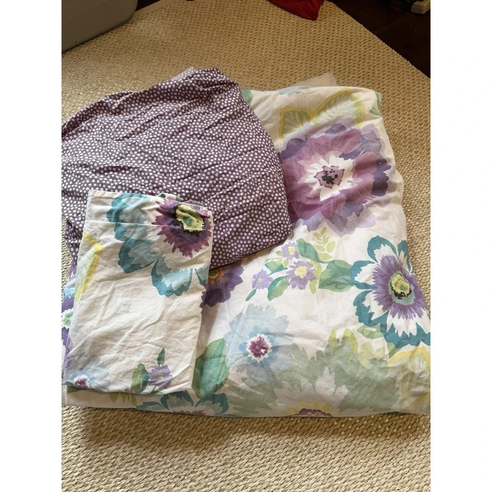 Pottery Barn Cotton Duvet Cover Fitted Sheet Full Queen Purple Floral